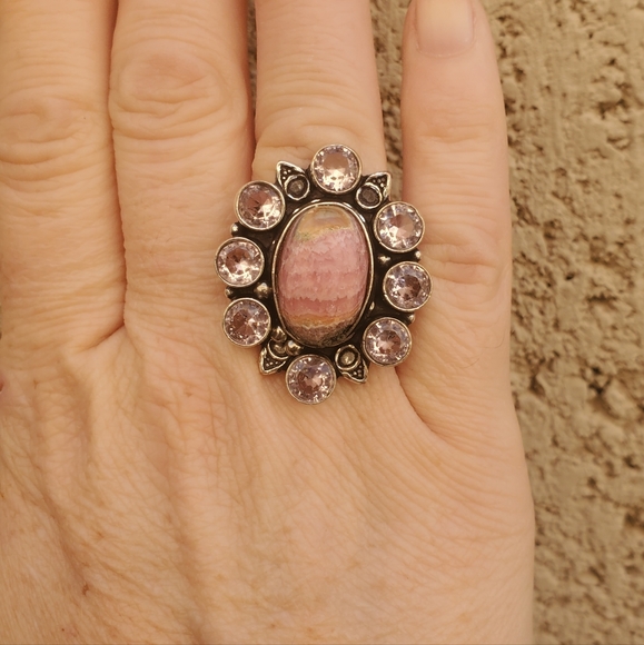 New Oversized Rhodochrosite & Kunzite 925 Silver Statement Ring. - Picture 6 of 14